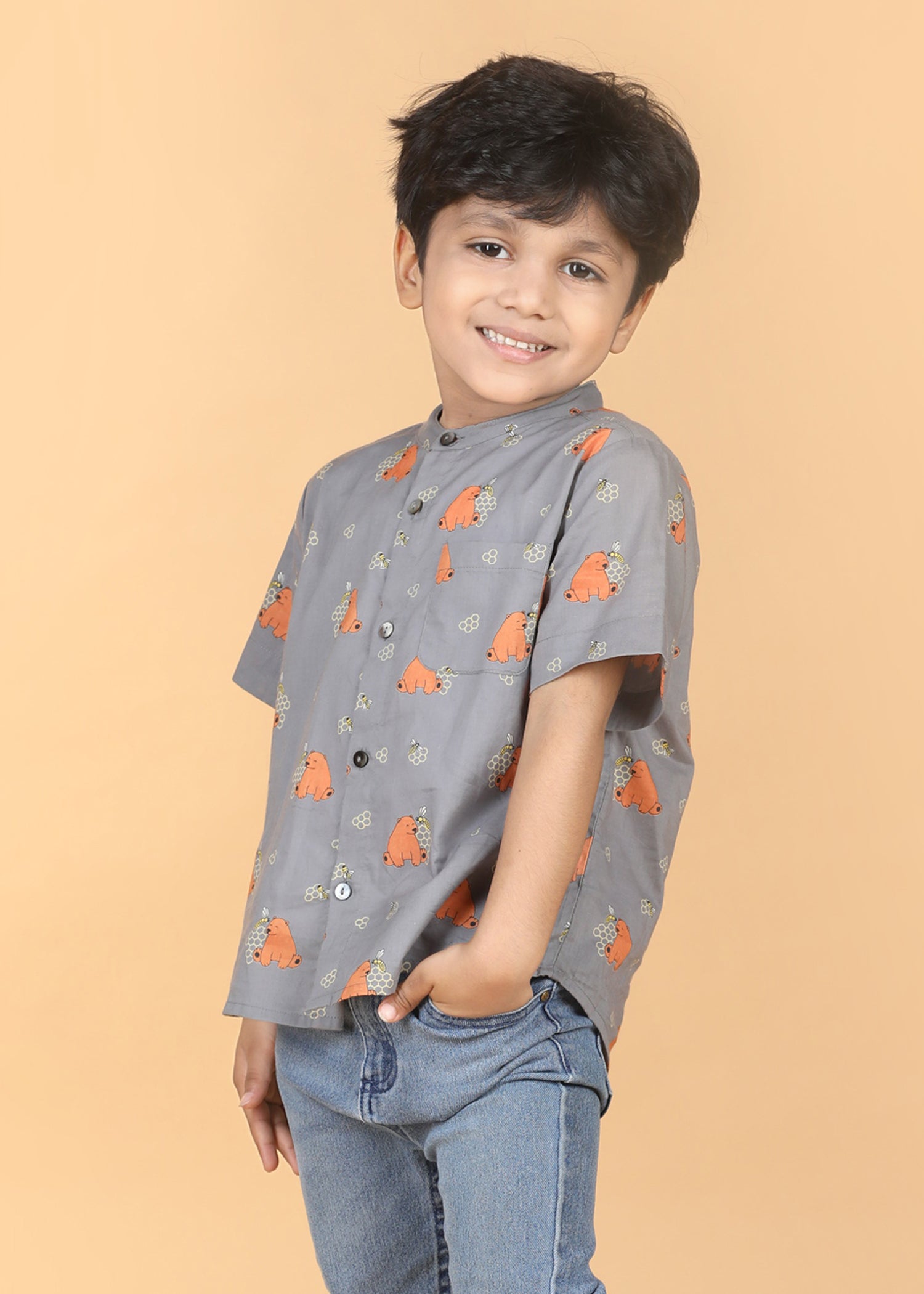 Honey Bear Grey Cotton Boys Shirt (6 Months-12 Years)