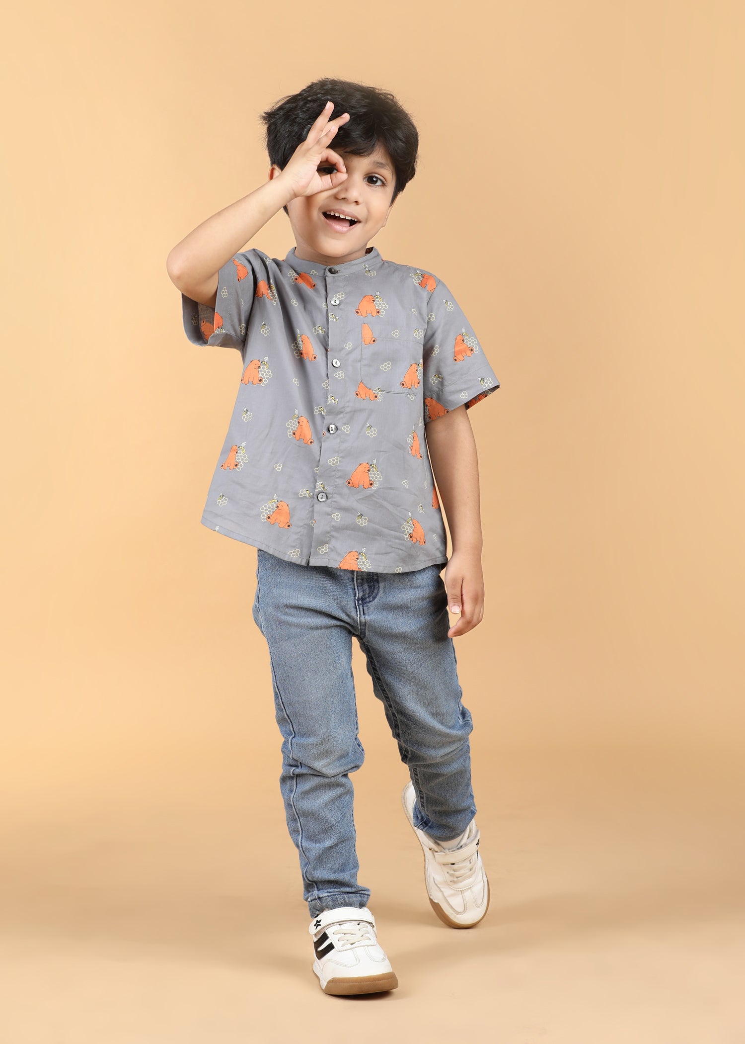 Honey Bear Grey Cotton Boys Shirt (6 Months-12 Years)