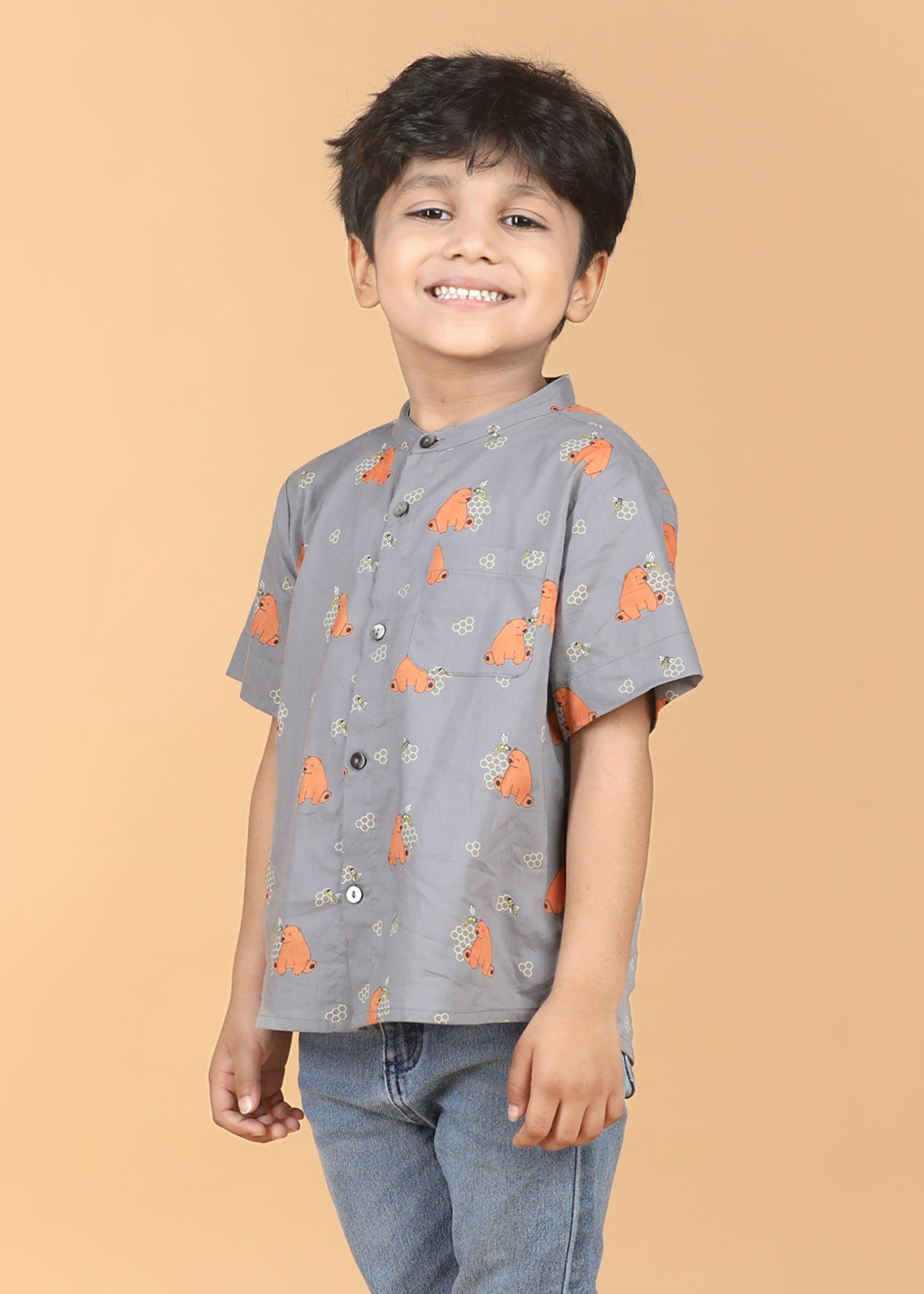 Honey Bear Grey Cotton Boys Shirt (6 Months-12 Years)