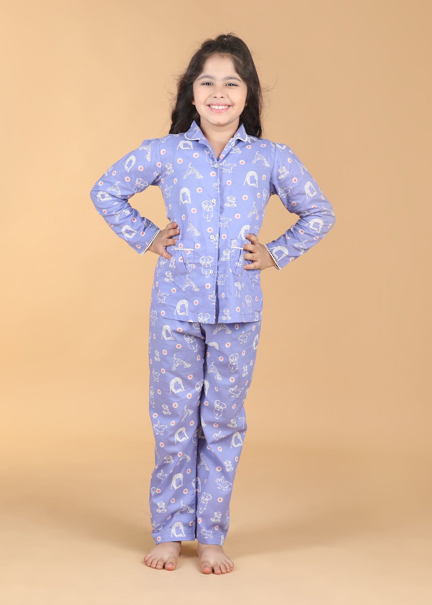 Animal Yoga Girls Purple Full Sleeves Night Suit  (1-12 Yrs)