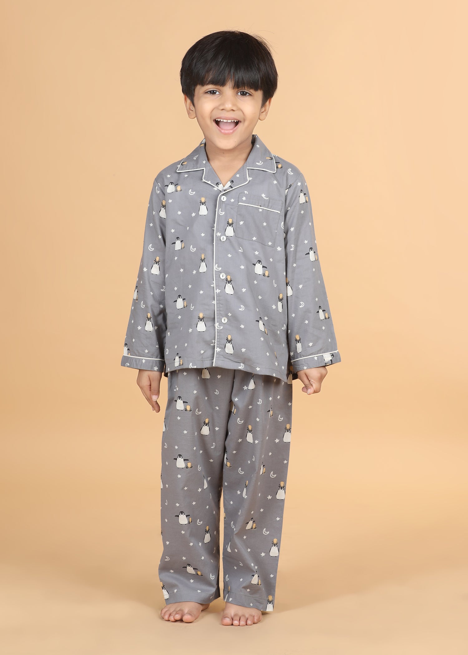 Penguin Party Boys Grey Full Sleeves Night Suit  (1-12 Yrs)