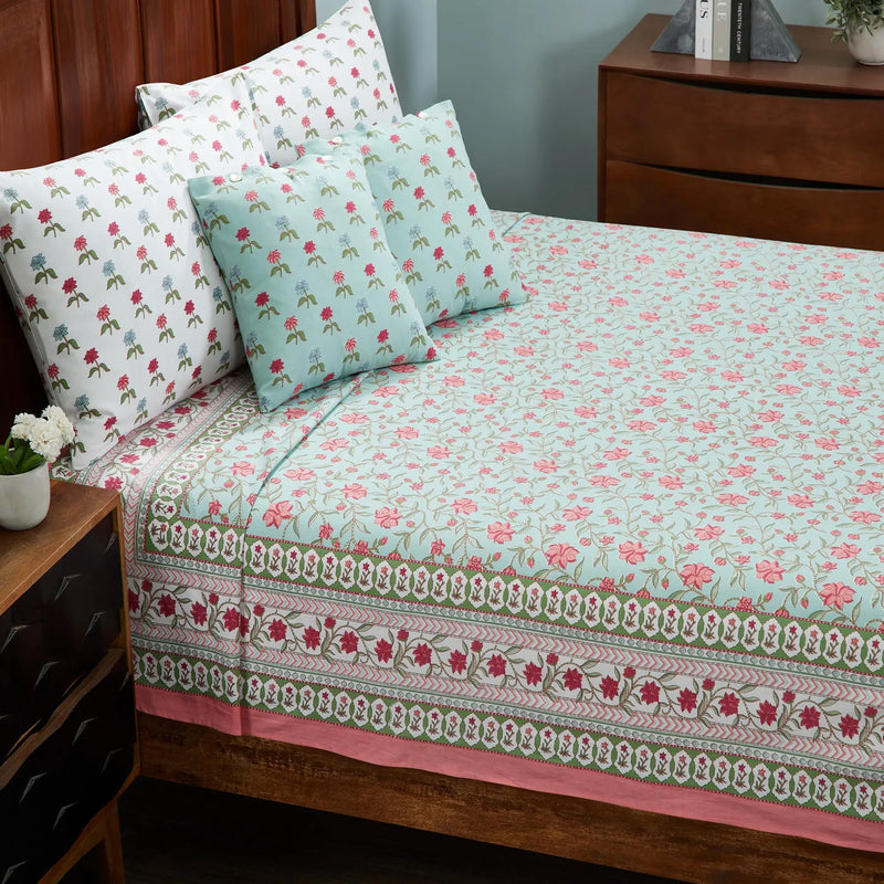 Naqaashi Aqua & Green Hand Screen Print Cotton Bedcover