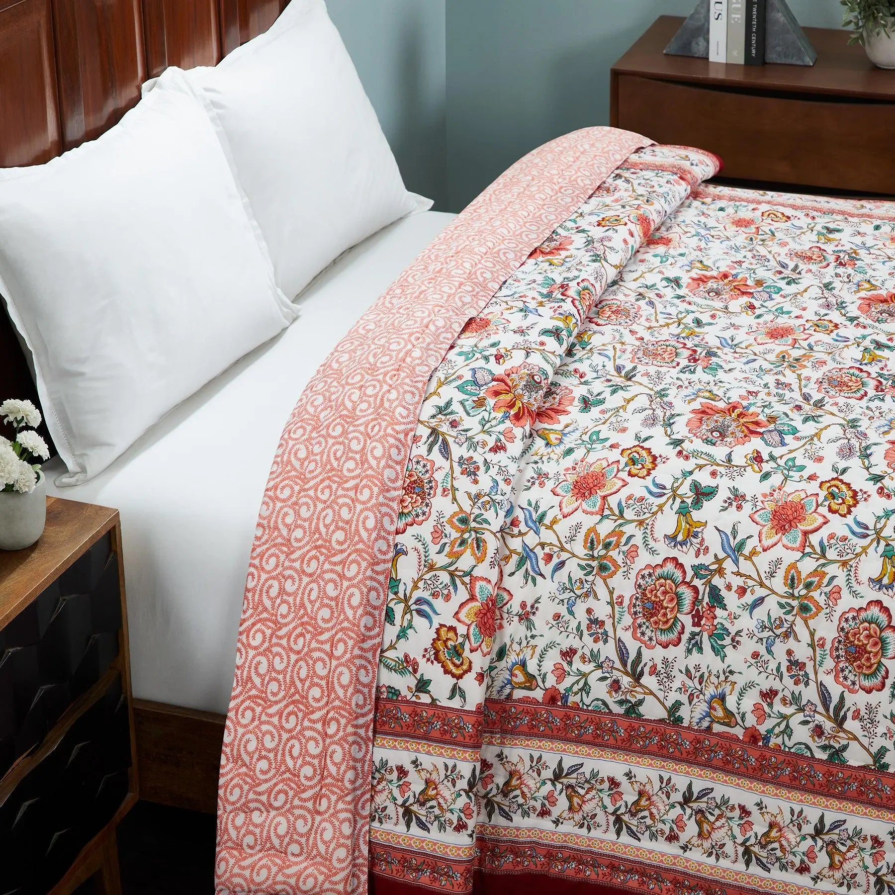 Chintz Garden Maroon Hand Screen Print Lightweight Cotton Quilt