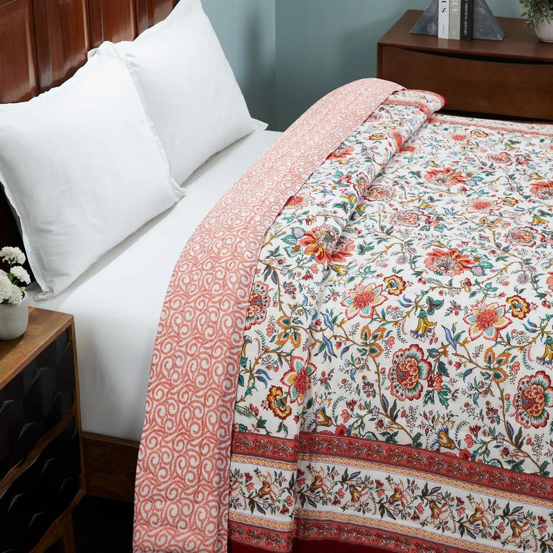 Chintz Garden Maroon Hand Screen Print Lightweight Cotton Quilt