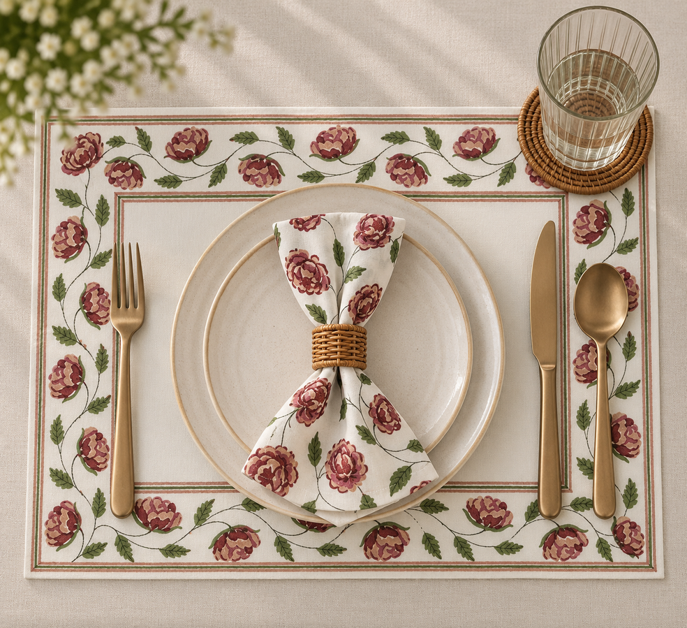 Peonia Red-Beige Floral Table Mat Set of 6