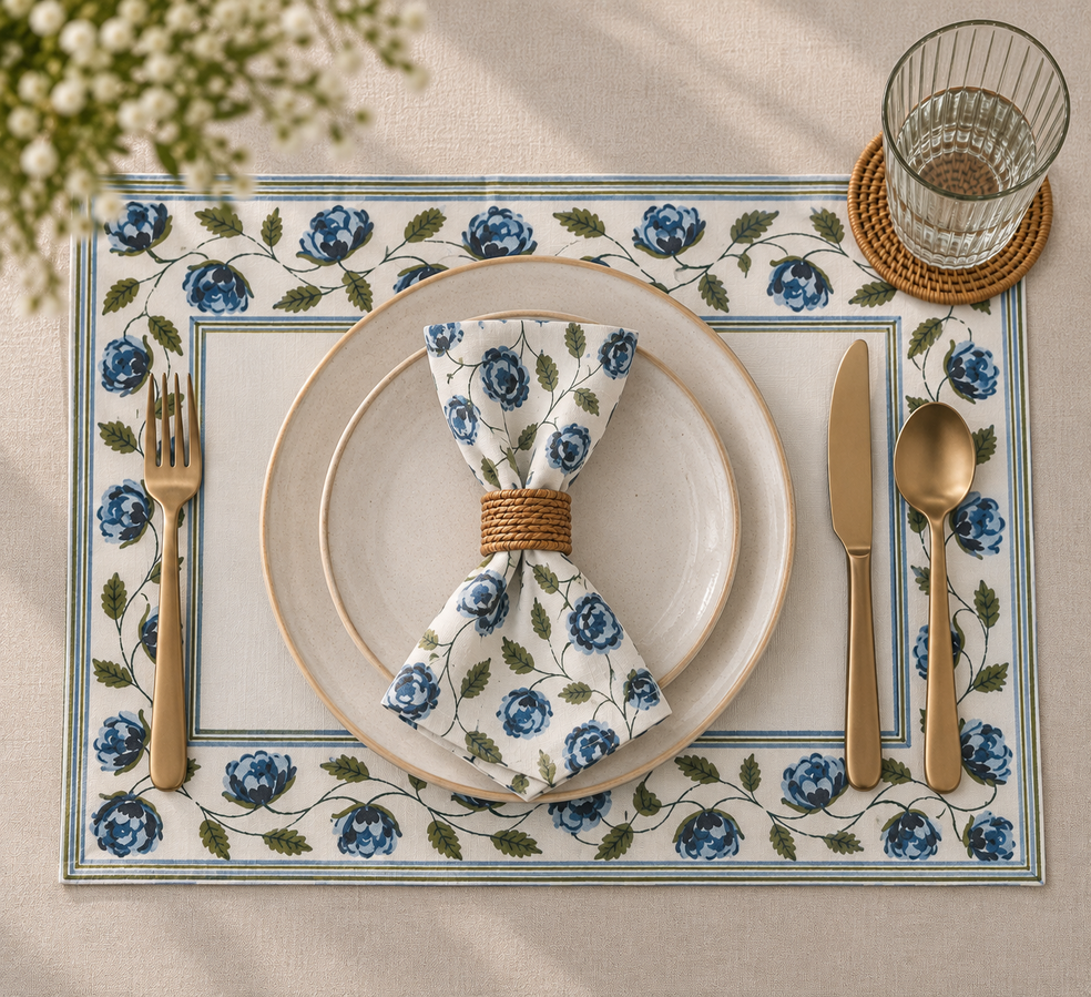 Peonia Blue-Green Floral Table Mat Set of 6