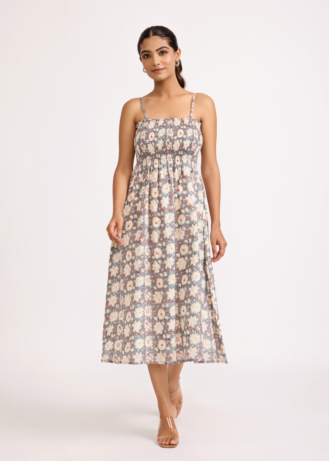Noodle Strap Printed Dress - Grey