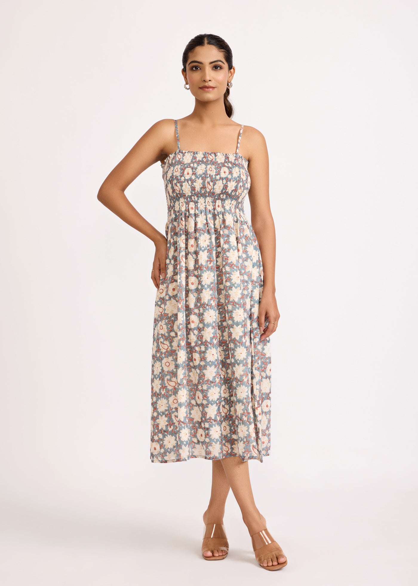 Noodle Strap Printed Dress - Grey