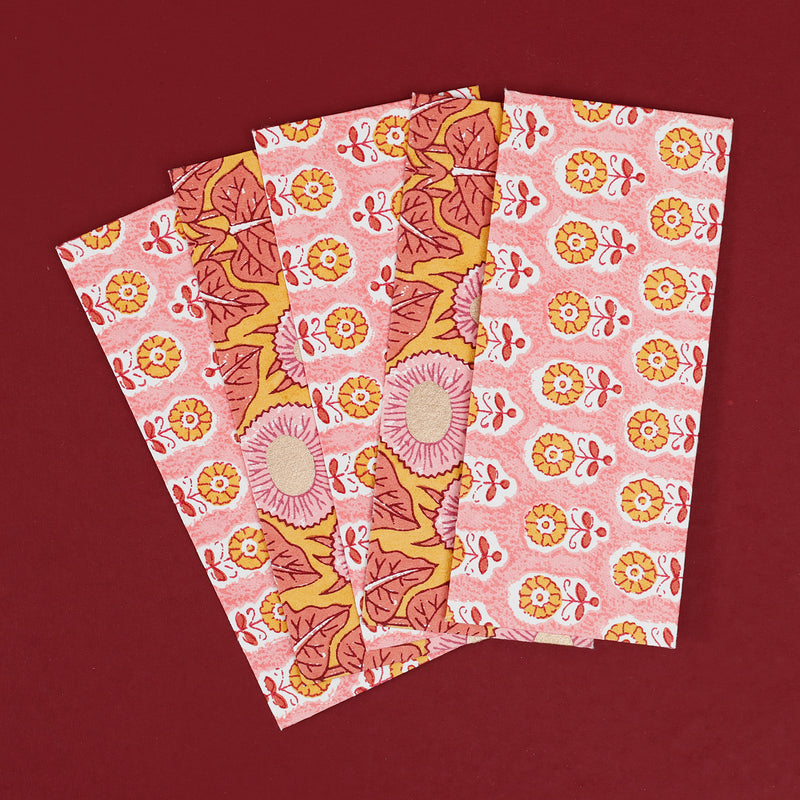 Block Story Flower Buti Peach & Brown Money Envelope Set of 10