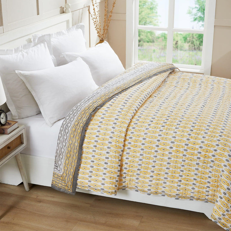 Geometric Quint Yellow & Grey Hand Block Print Lightweight Cotton Quilt