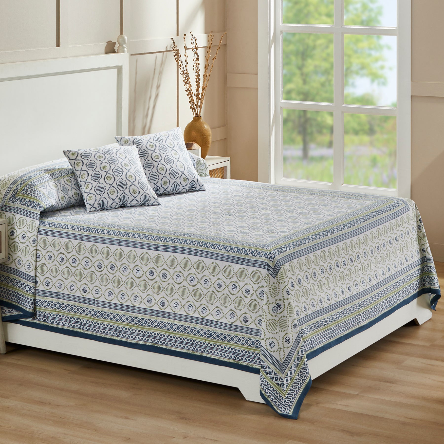 Ogee Blue & Green Hand Block Printed Cotton Bedcover