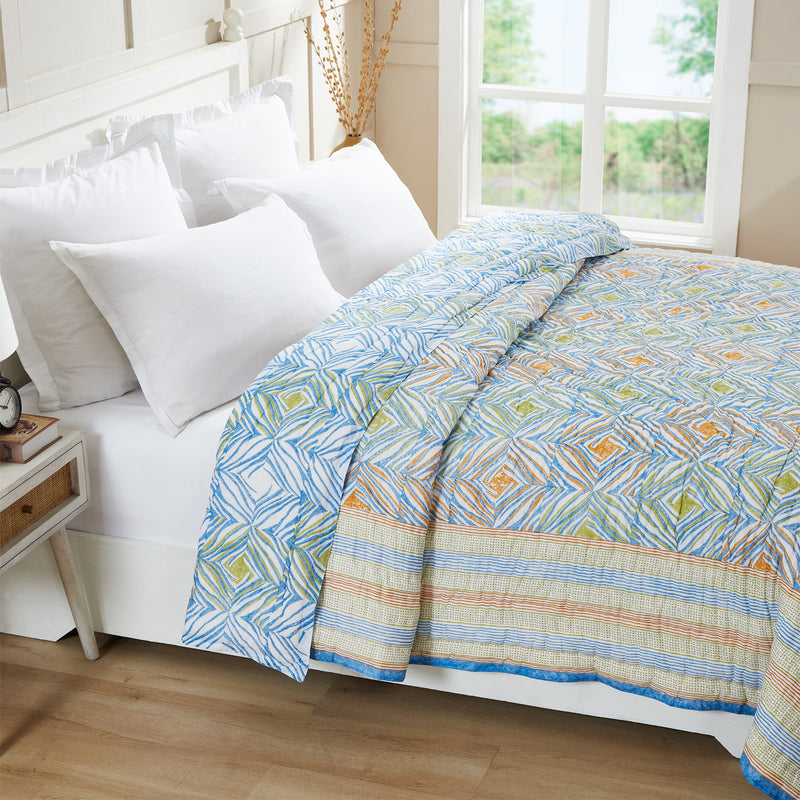 Monochromatic Mustard & Blue Hand Block Printed Cotton AC Quilt (40th Edition)