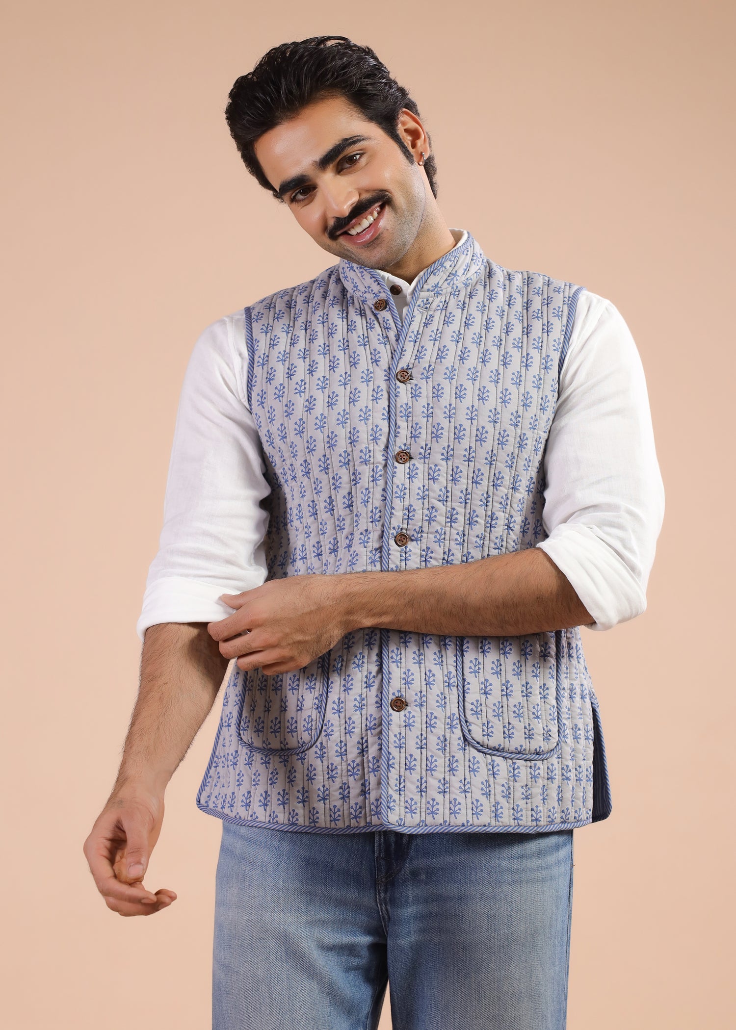 Printed Voile Reversible Jacket – Blue