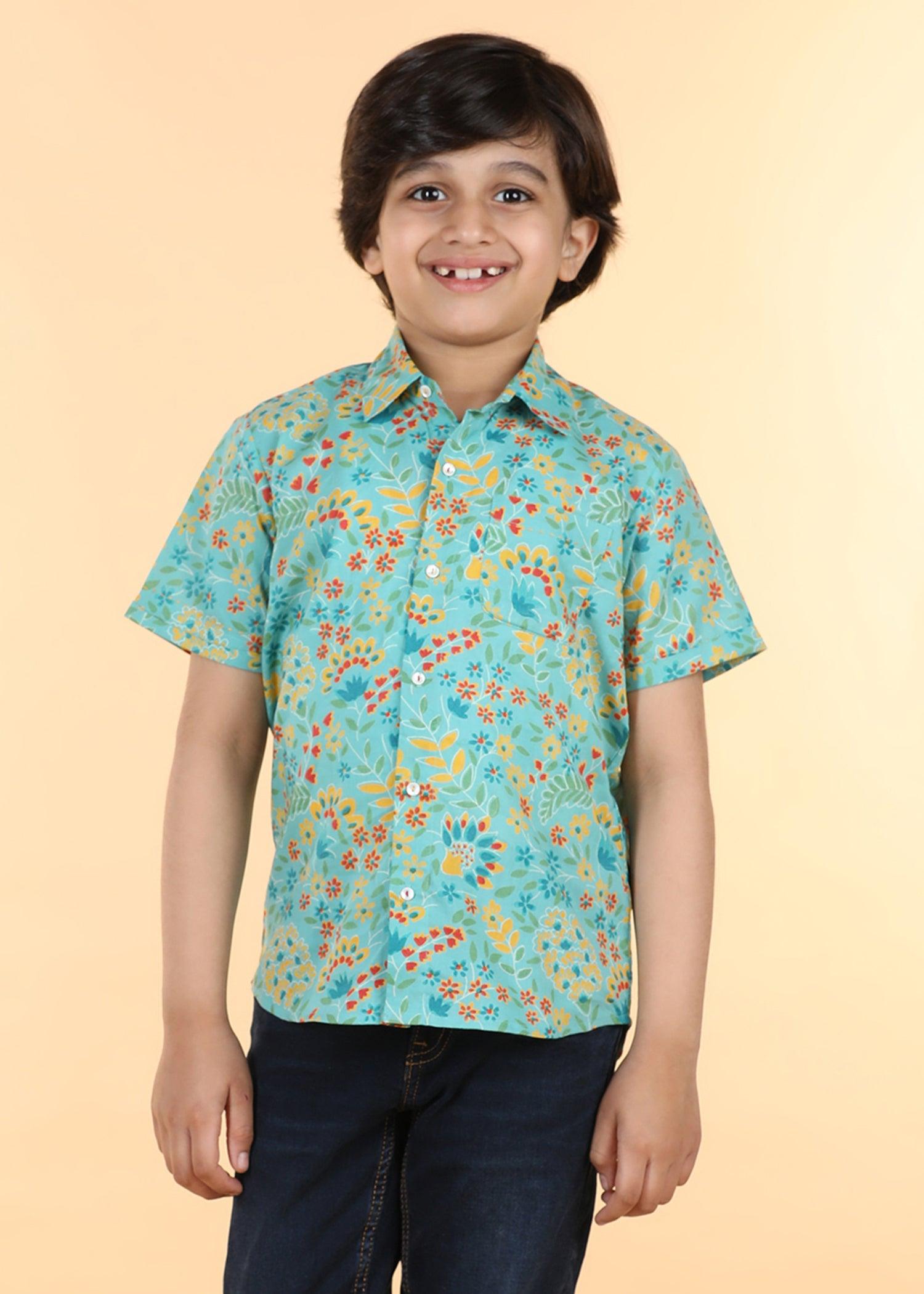 Teal Cotton Half Sleeve Round Hem Shirt Boys (6 Months -12 Yrs) Ratan Texprocess Pvt. Ltd