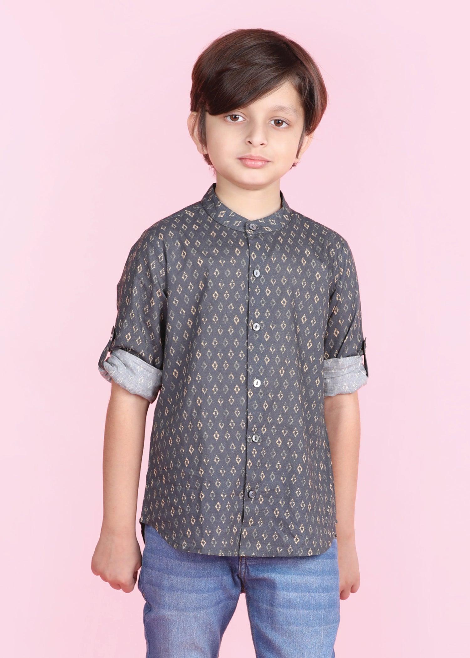 Ikkat Buti Grey Cotton Full Sleeves Shirt Boy (6 Months -12 Years) Ratan Texprocess Pvt. Ltd