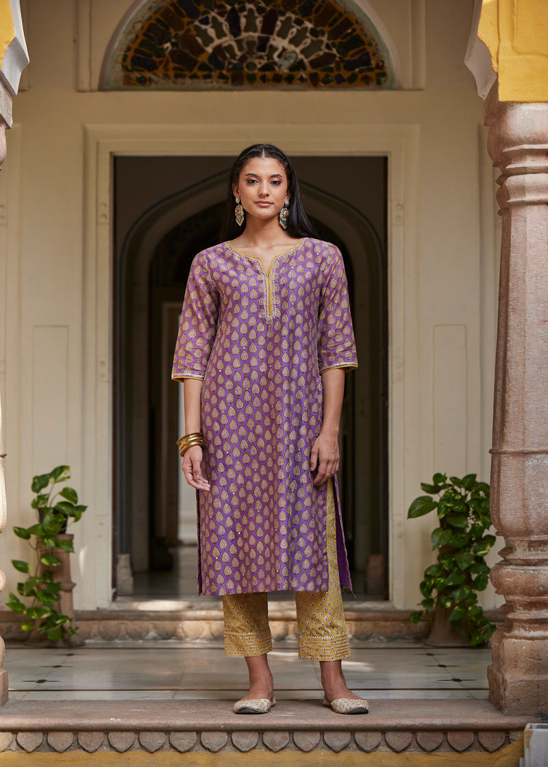 Shop Purple Chanderi Regular Kurta Online | Ratan Jaipur