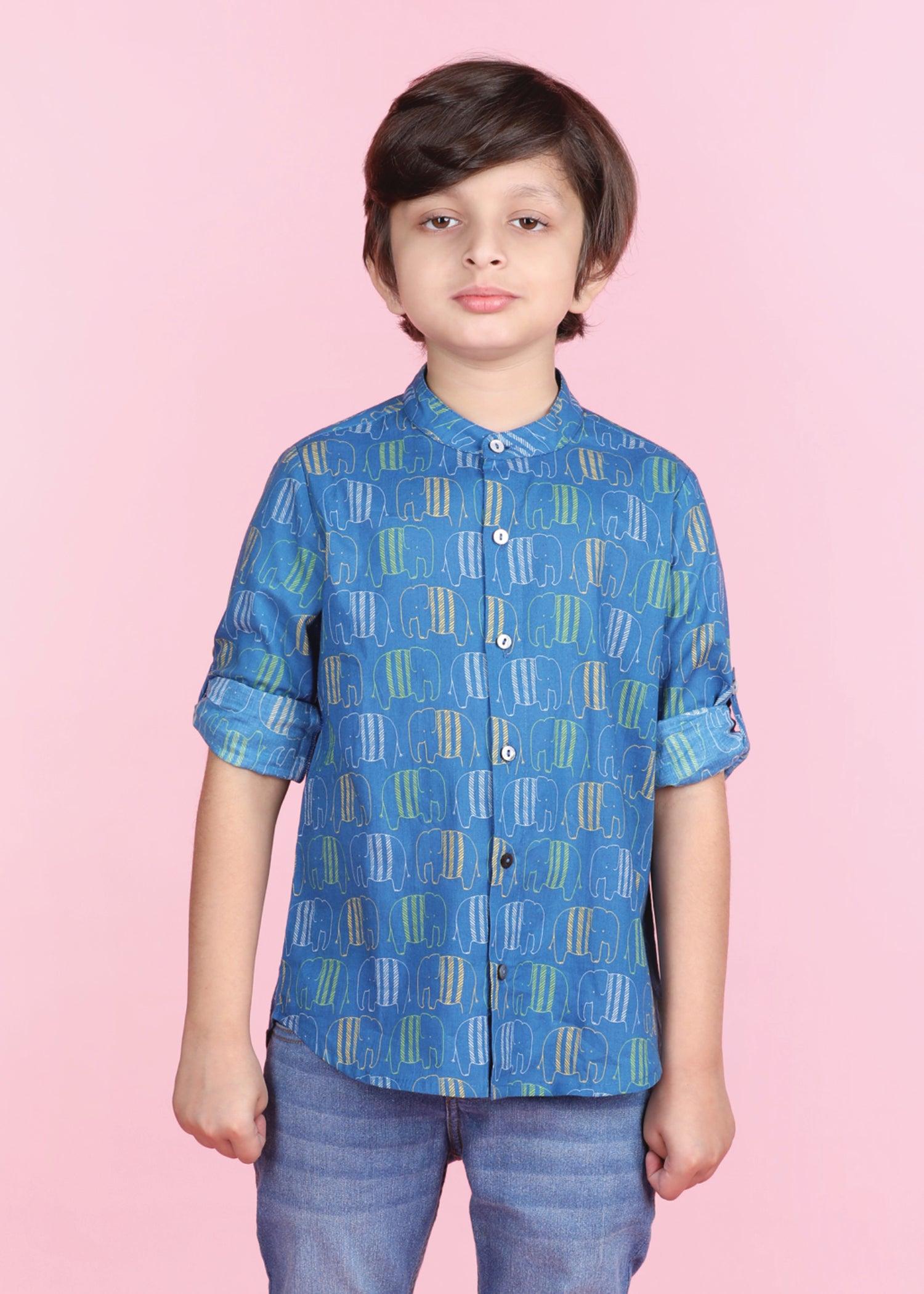 Crayon Elephant Blue  Cotton Full Sleeves Shirt Boy  (6 Months -12 Years) Ratan Texprocess Pvt. Ltd