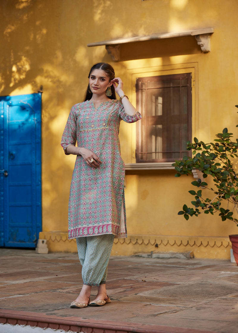 Turquoise/Pink Chanderi Regular Kurta | Vibrant Ethnic Wear | Ratan Jaipur