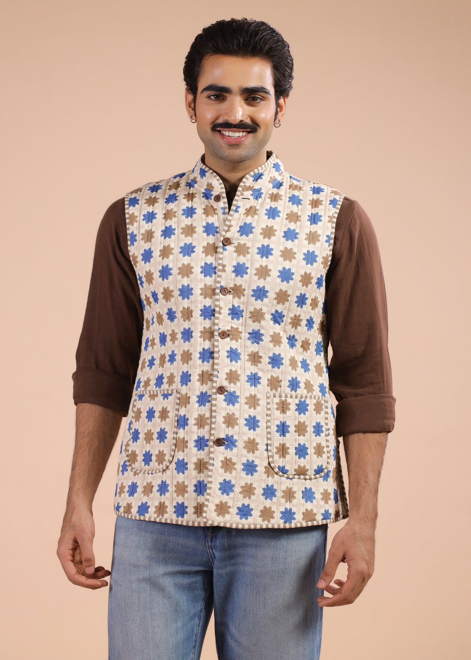 Printed Voile Reversible Jacket – Beige/Blue