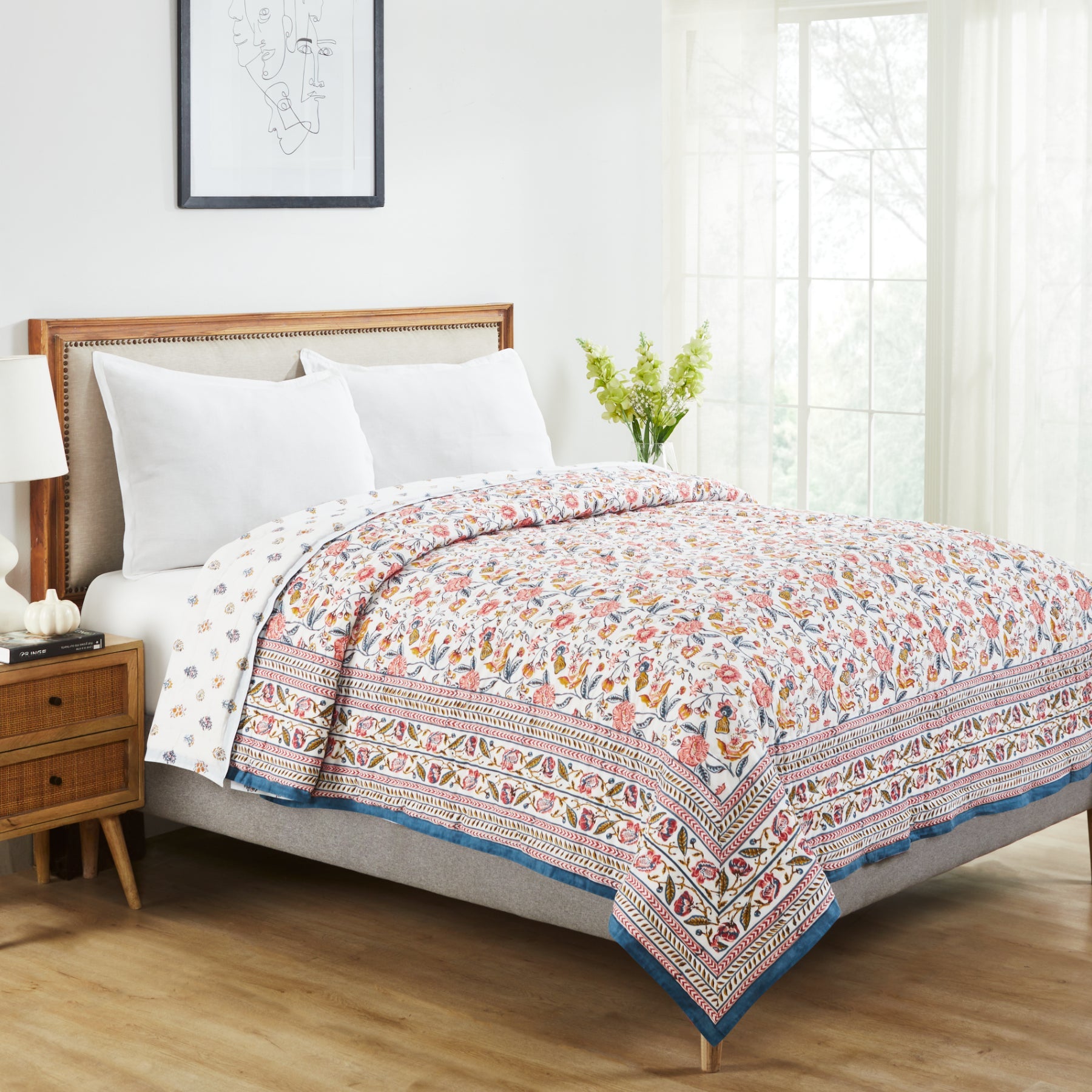 Cannonball Cotton AC Quilt – Reversible Hand-Printed Multicolour Jaal Design by Ratan Jaipur