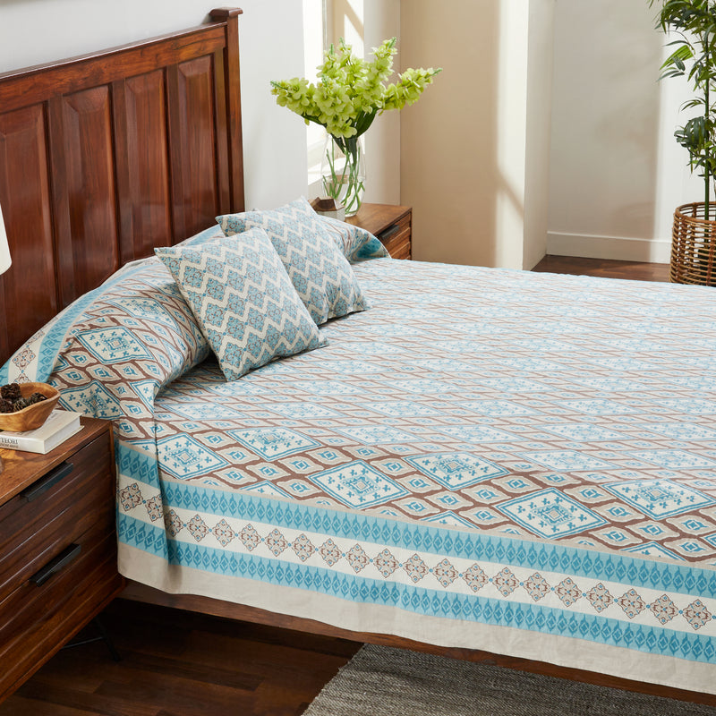 Uzbek Ikat Turquoise Brown Hand Block Printed Cotton Bedcover