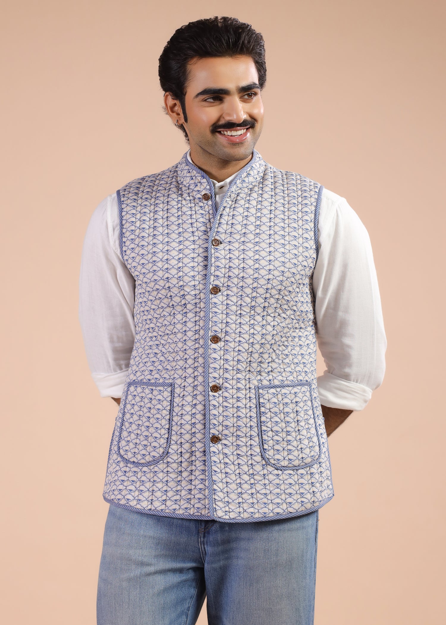 Printed Voile Reversible Jacket – Light Blue