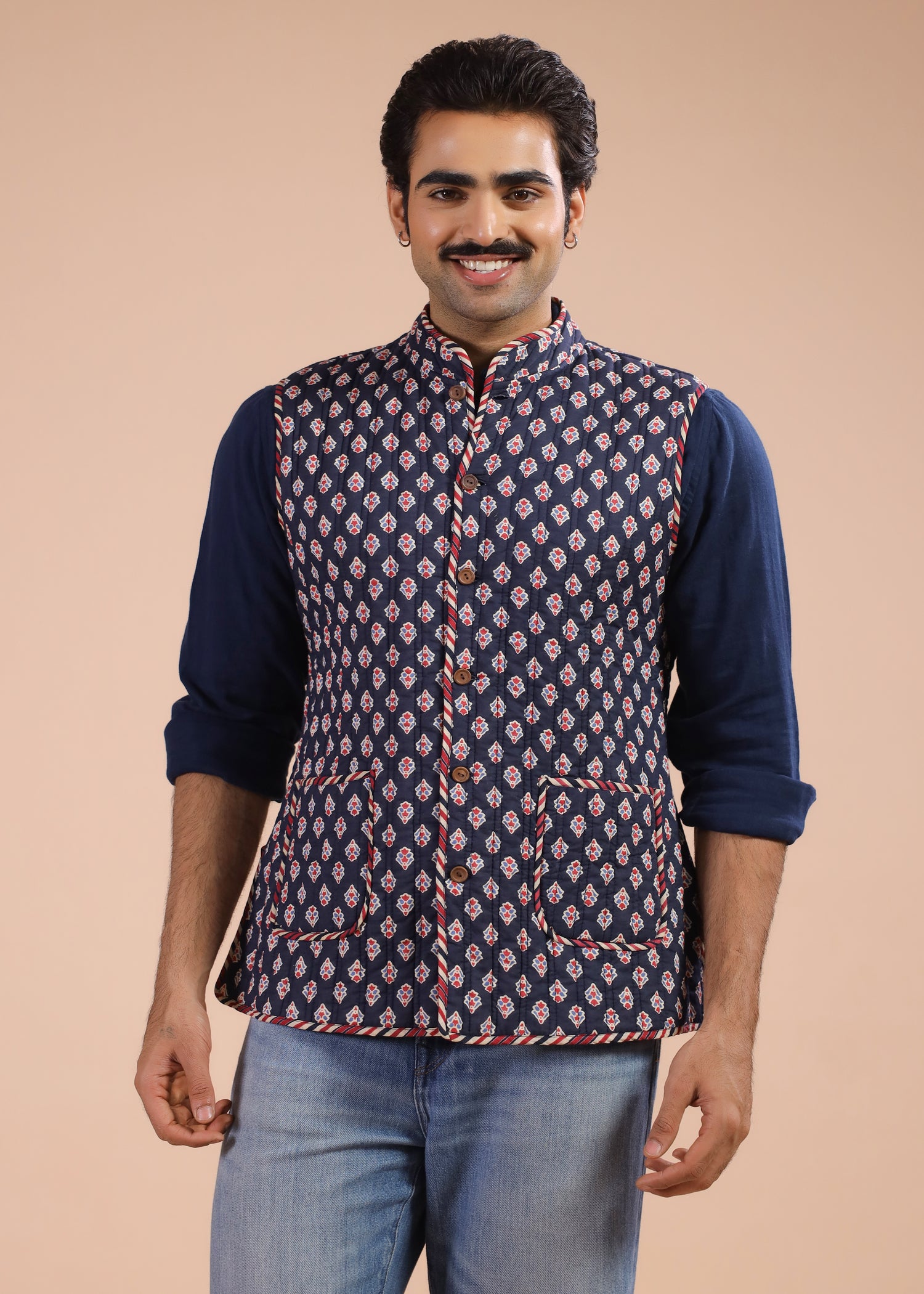 Printed Voile Reversible Jacket – Navy Red