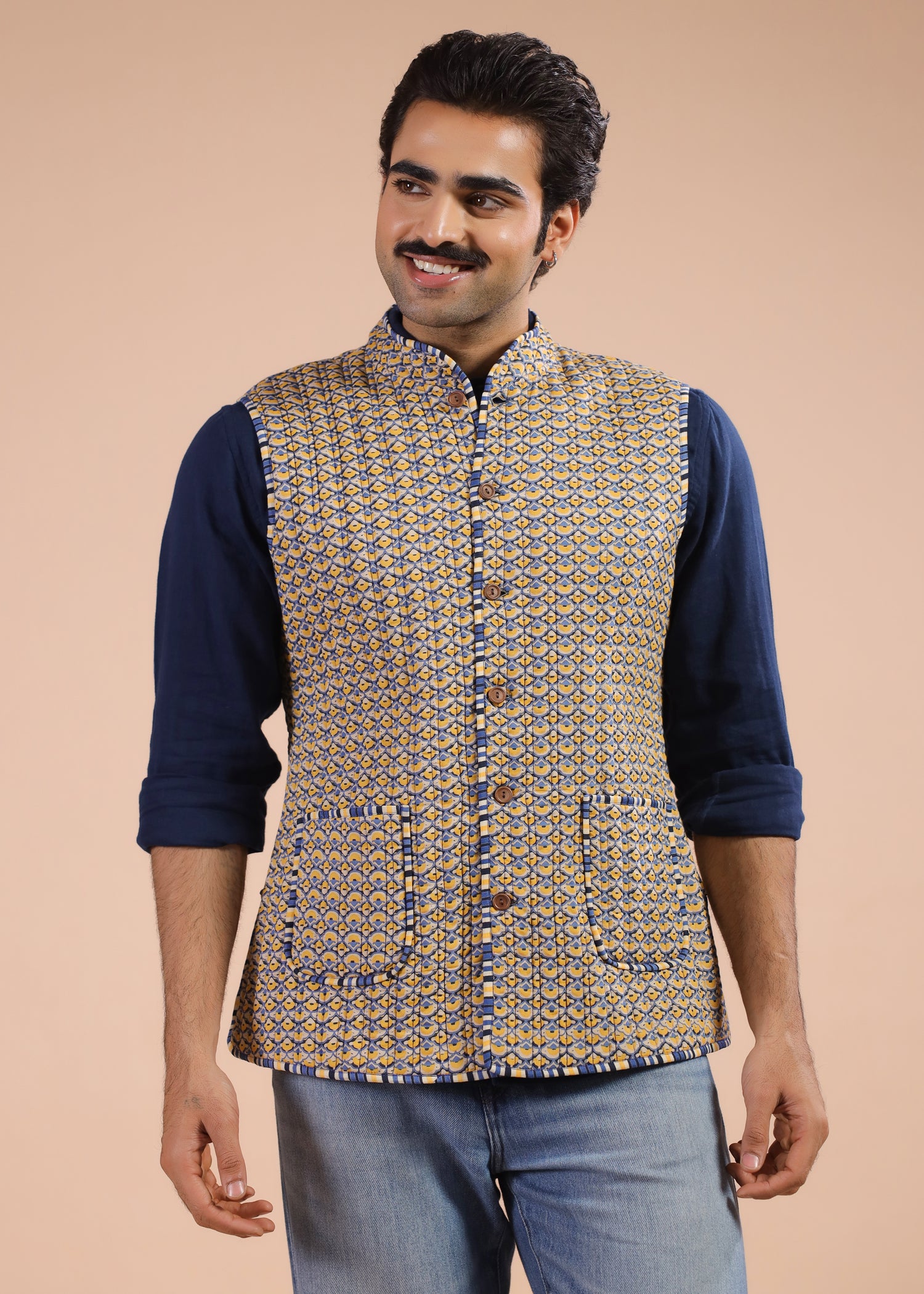 Printed Voile Reversible Jacket – Yellow/Blue