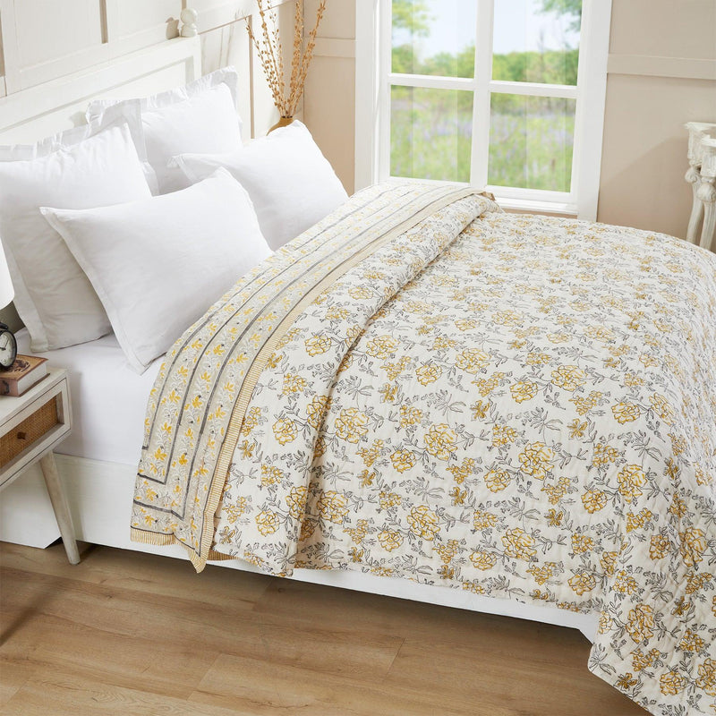 Vintage Mustard & Charcoal Hand Block Printed Cotton AC Quilt (40th Edition)