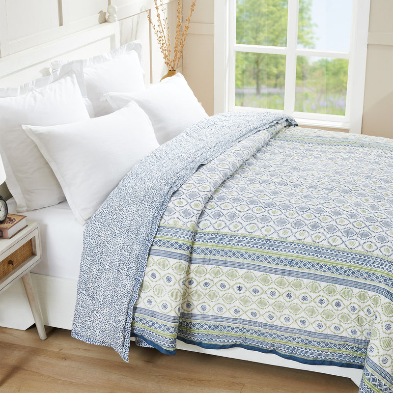 Ogee Blue & Green Hand Block Print Lightweight Cotton Quilt