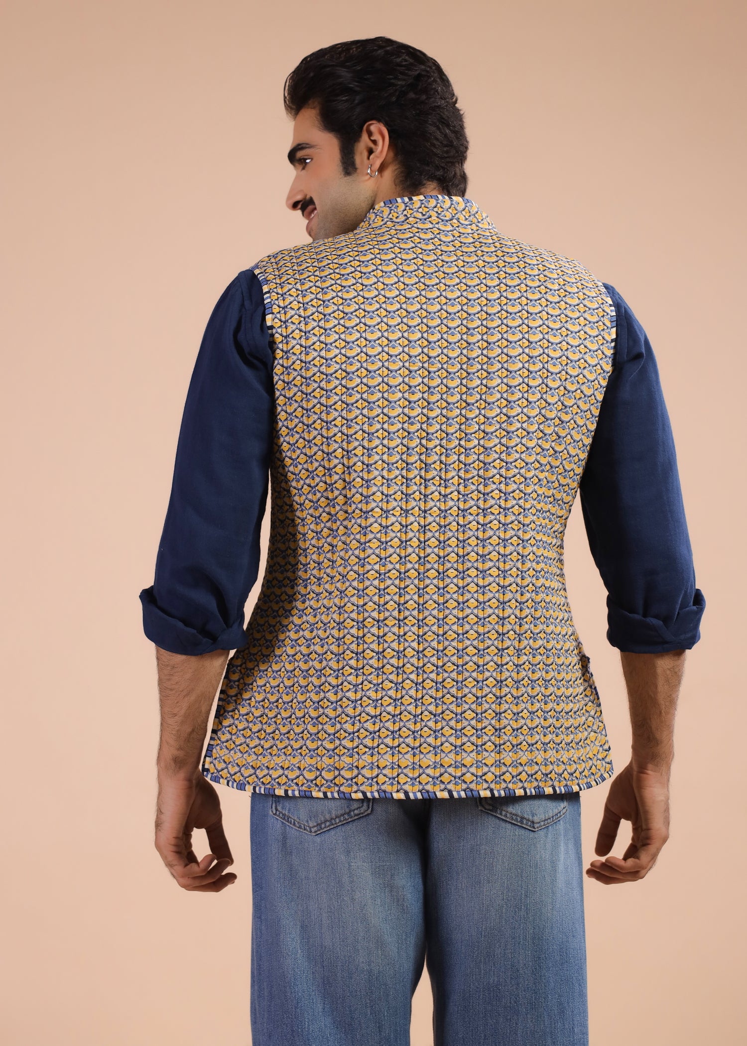 Printed Voile Reversible Jacket – Yellow/Blue