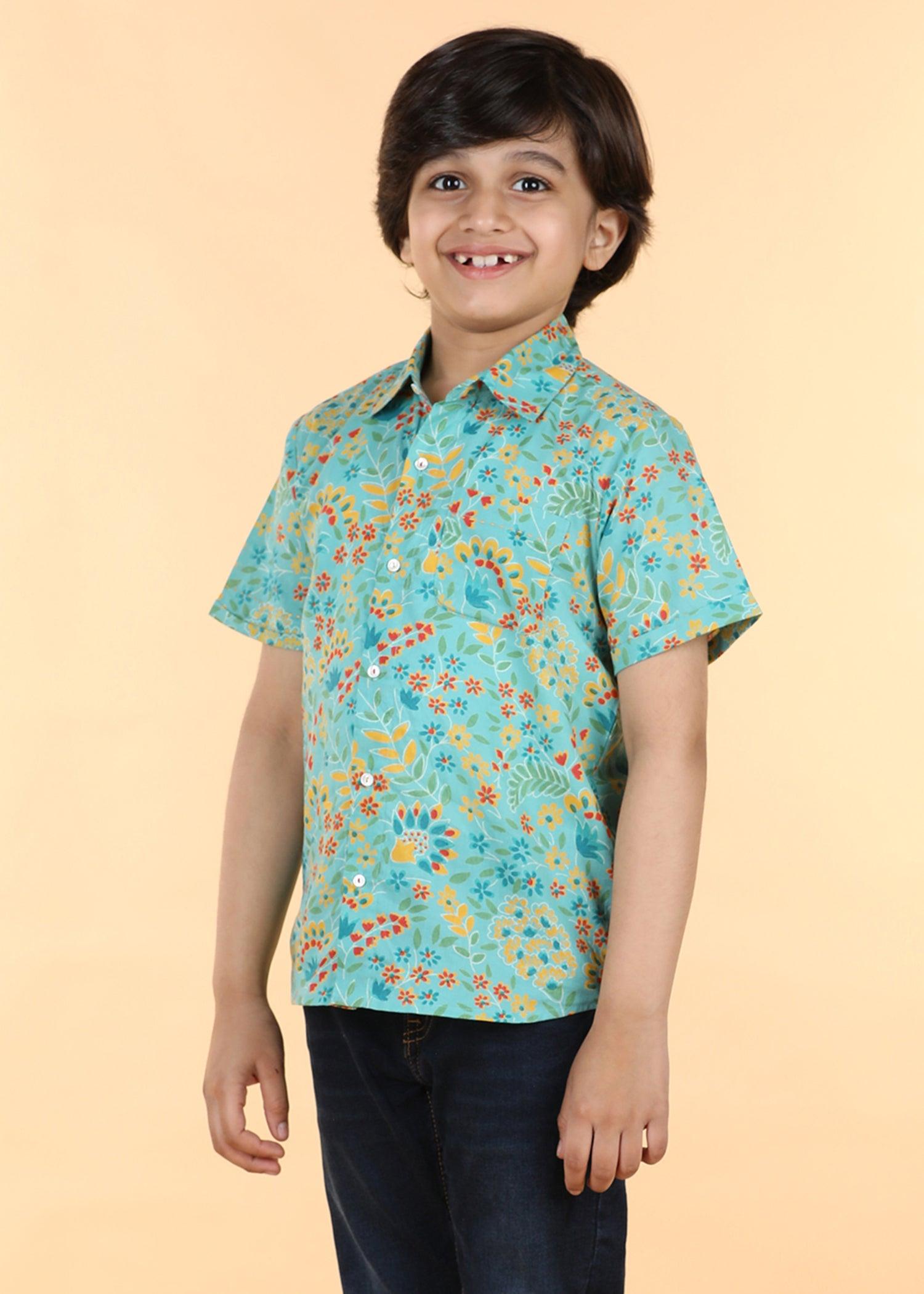 Teal Cotton Half Sleeve Round Hem Shirt Boys (6 Months -12 Yrs) Ratan Texprocess Pvt. Ltd