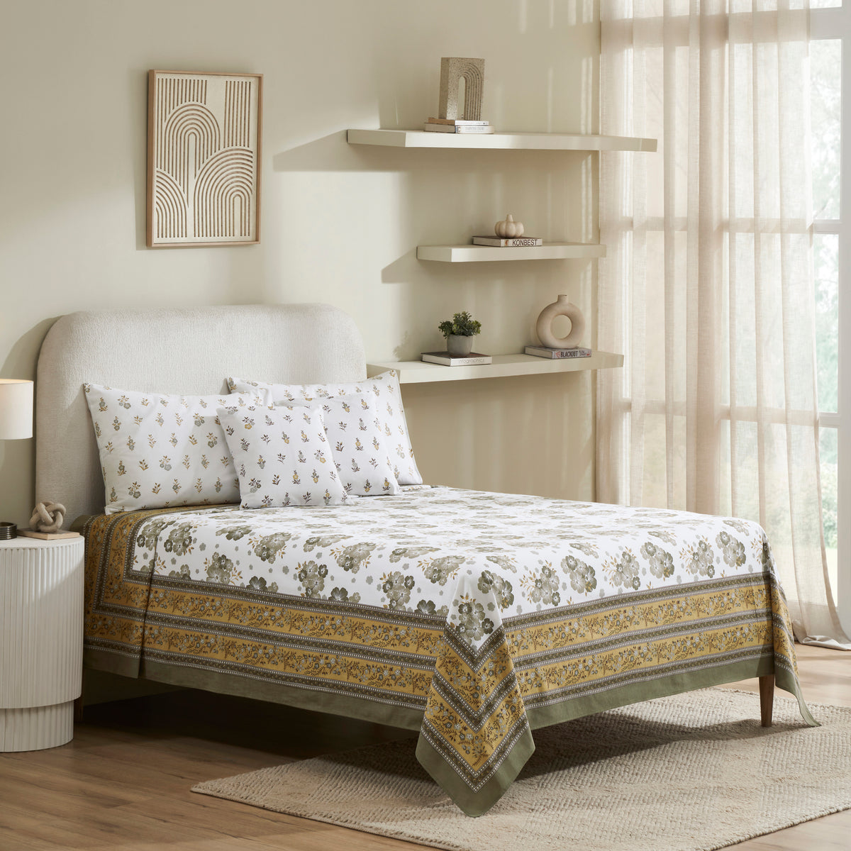 Flax Linen Cotton Bedcover – Yellow/Grey