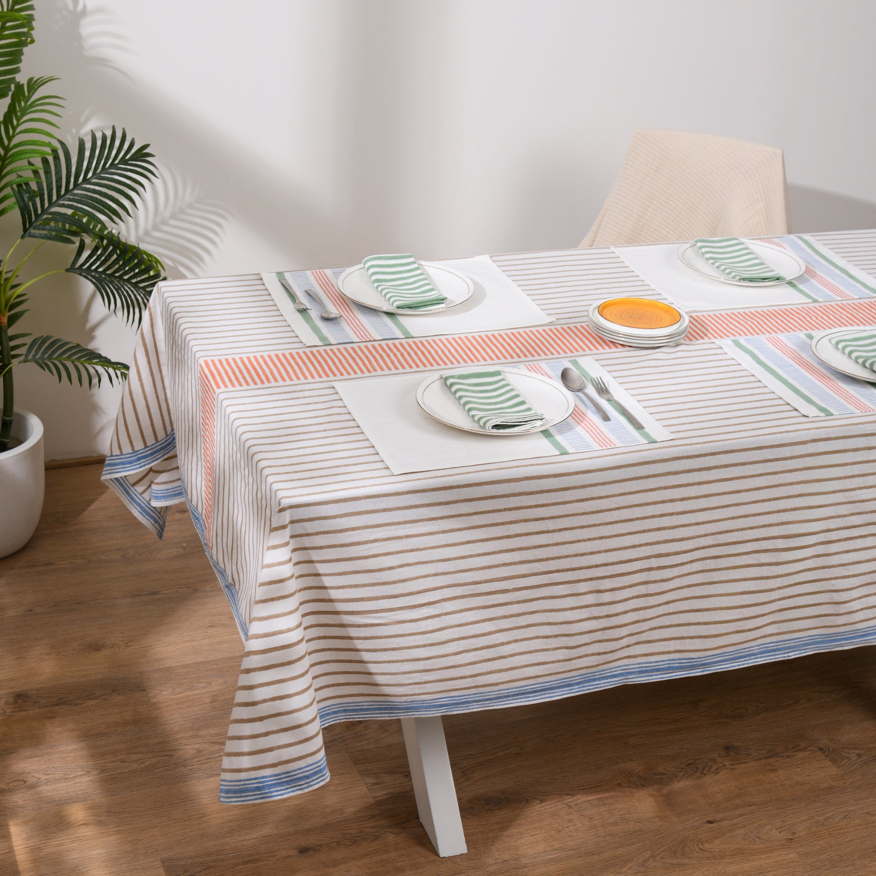 Beige-Orange Stripes Table Cover