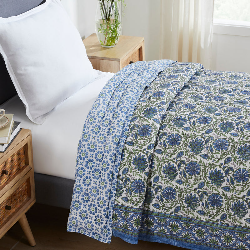 Floral Harmony Blue & Green Hand Block Print Lightweight Medium Cotton Quilt