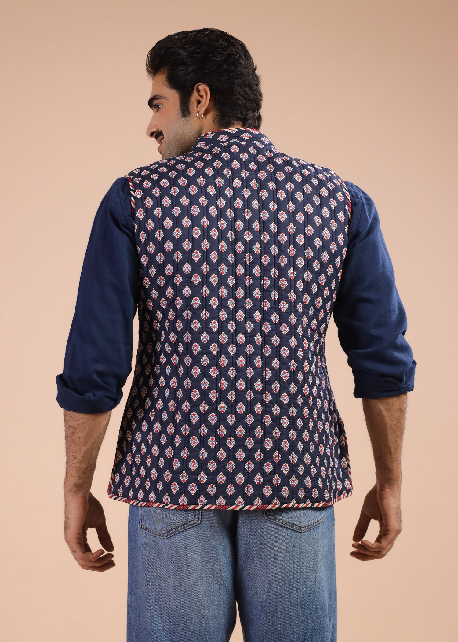 Printed Voile Reversible Jacket – Navy Red
