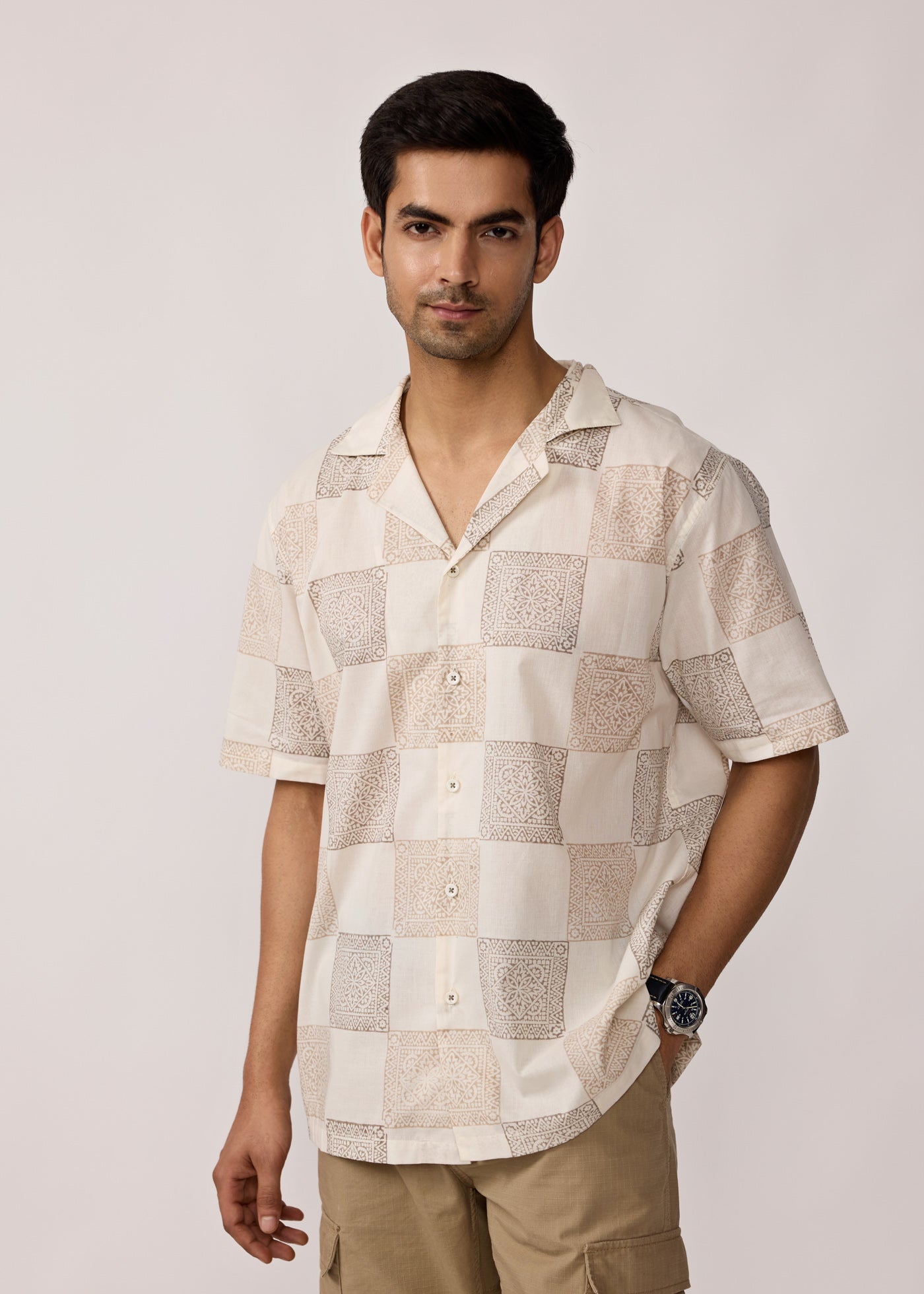 Club Half Sleeves Shirt-Beige/Brown