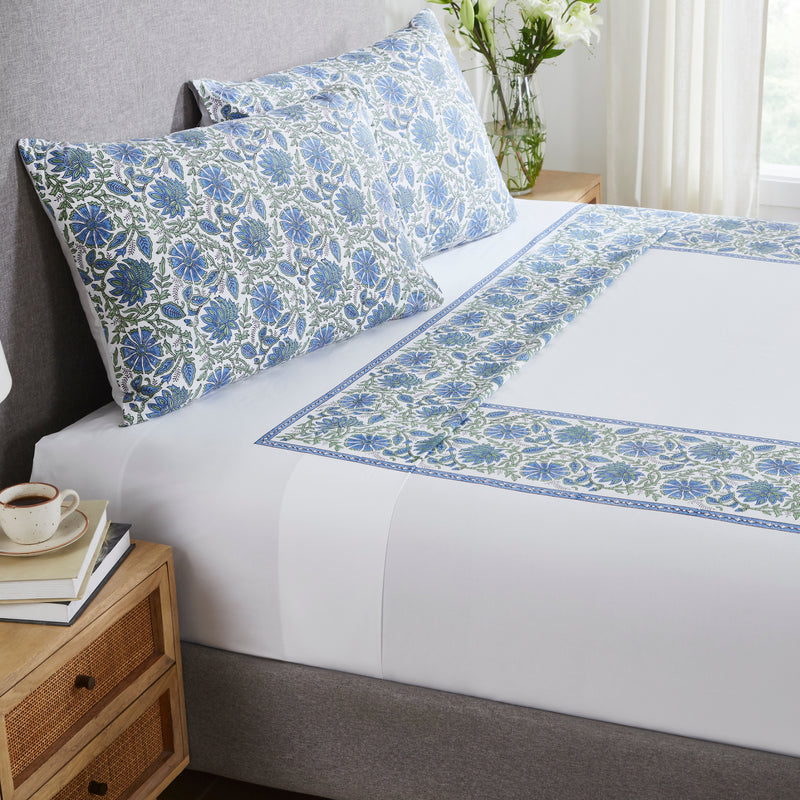 Floral Harmony Blue & Green Hand Block Printed Cotton Bedsheet with Pillow Covers