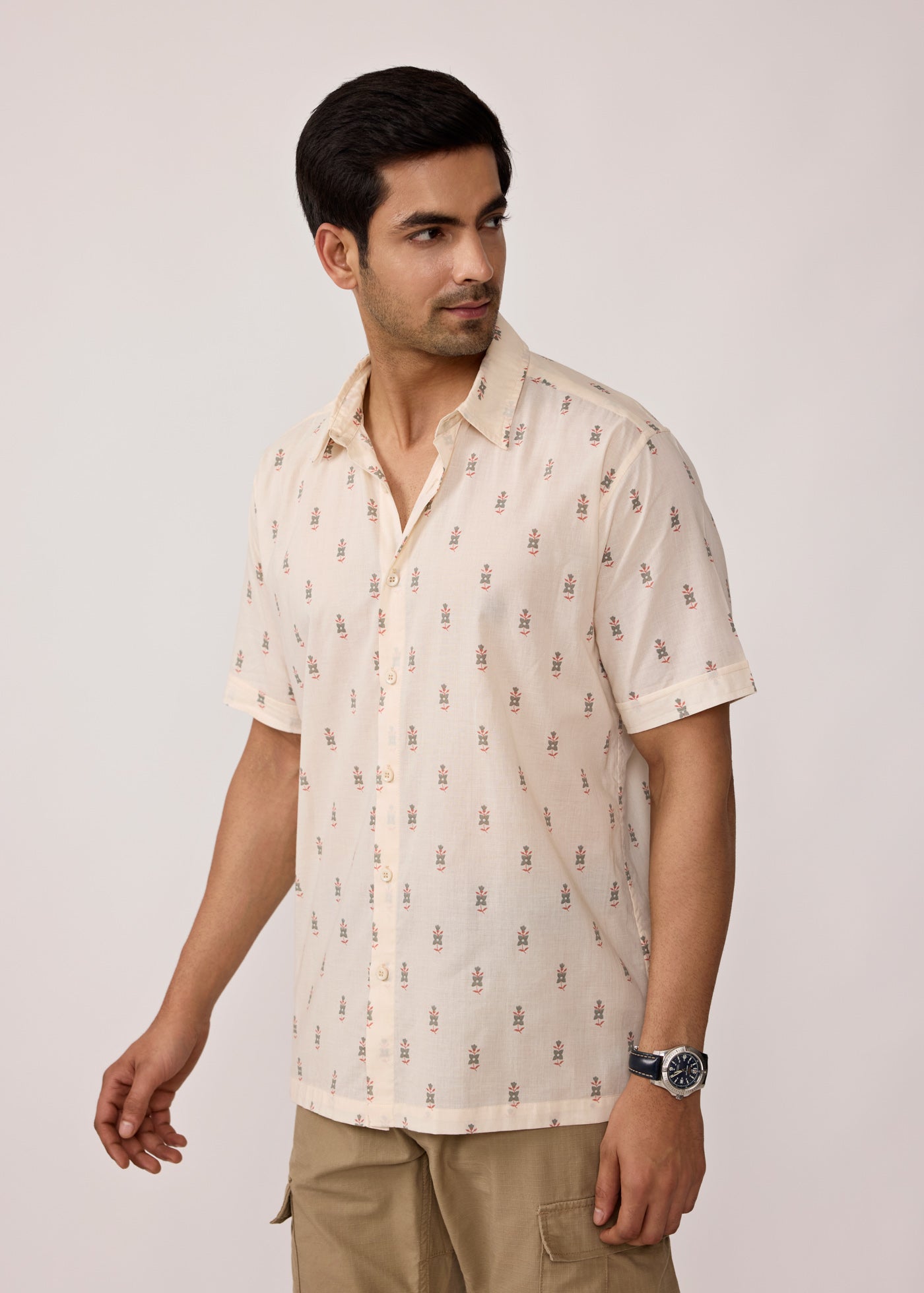 Half Sleeves Shirt-Creme/Grey