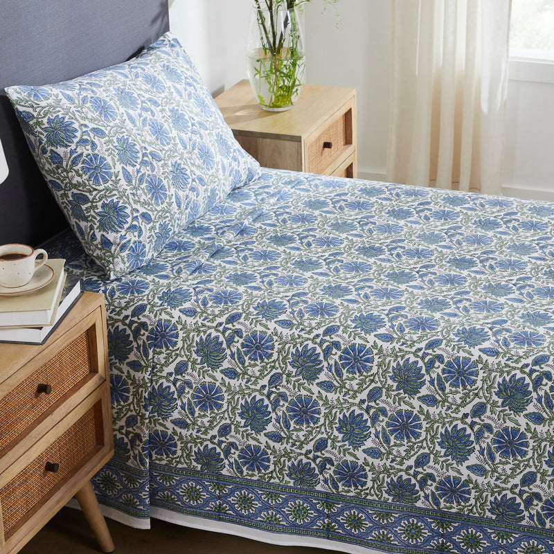 Floral Harmony Blue & Green Hand Block Printed Medium Cotton Bedcover