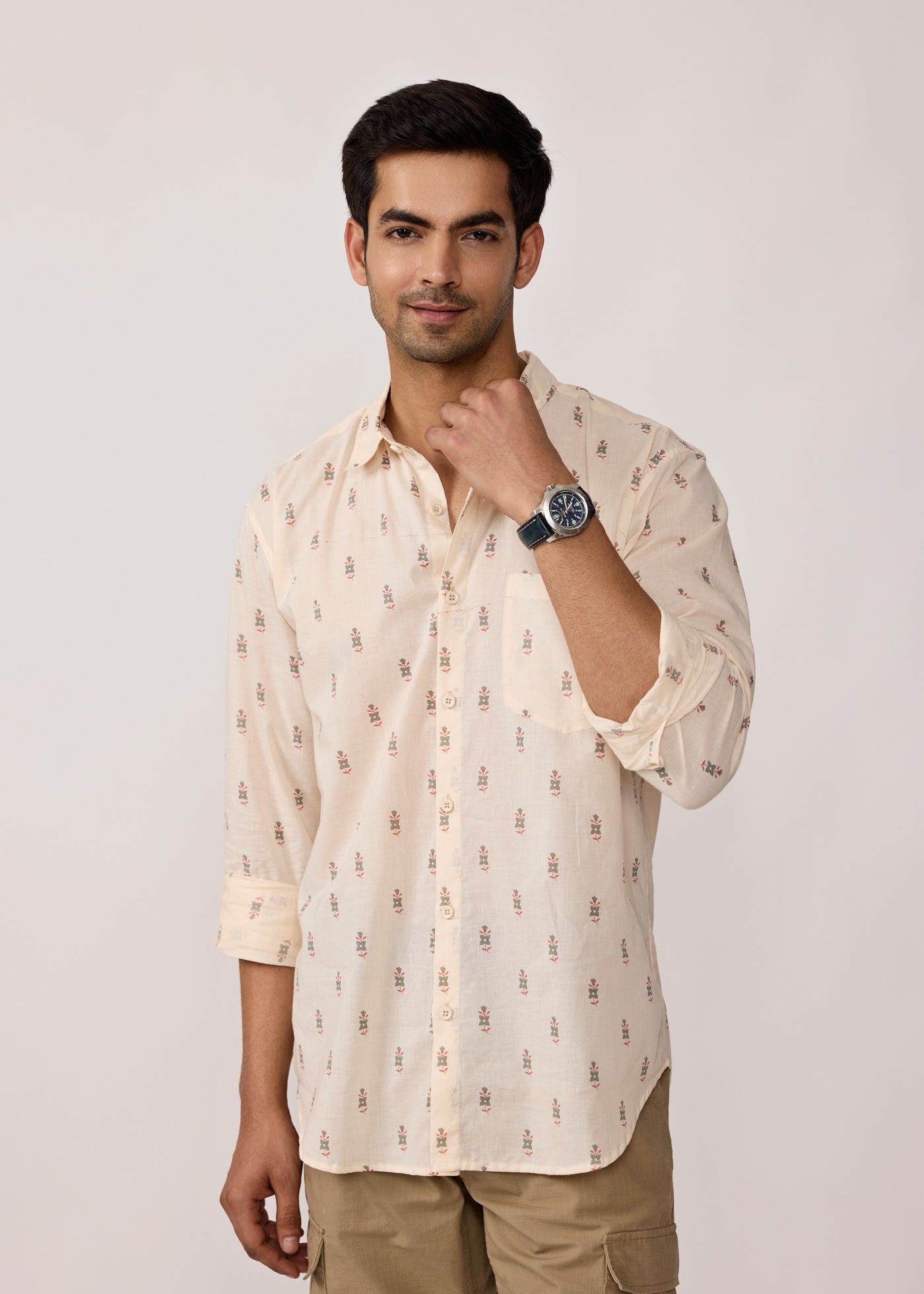 Full Sleeves Collar Shirt-Creme/Grey