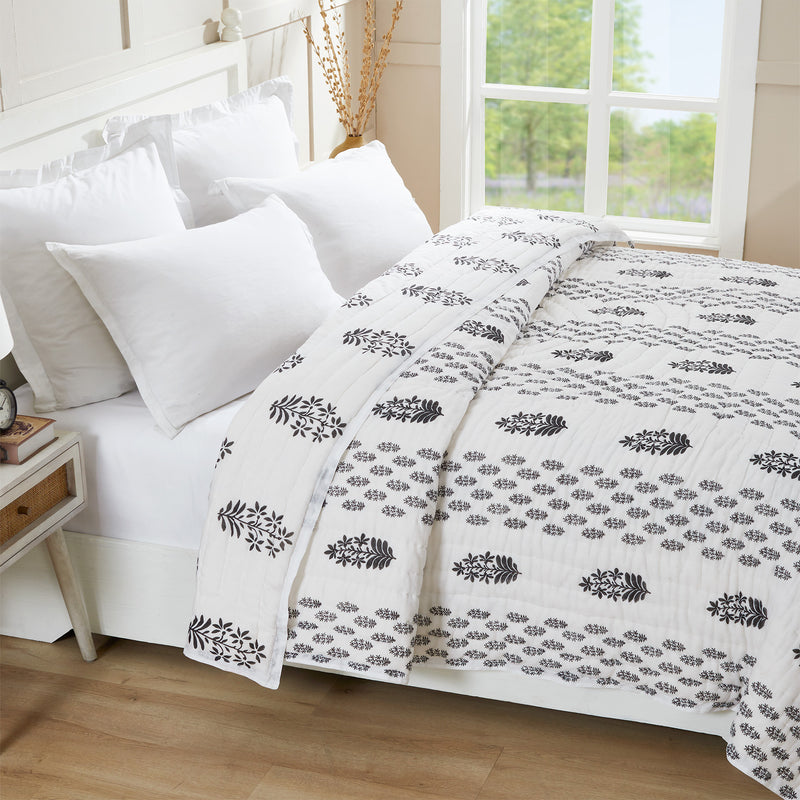 Daffodil Grey & Black Hand Block Printed Cotton AC Quilt