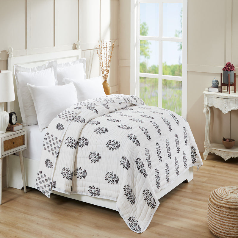 Daffodil Grey & Black Hand Block Printed Cotton AC Quilt