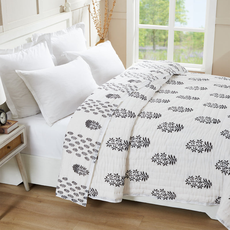 Daffodil Grey & Black Hand Block Printed Cotton AC Quilt