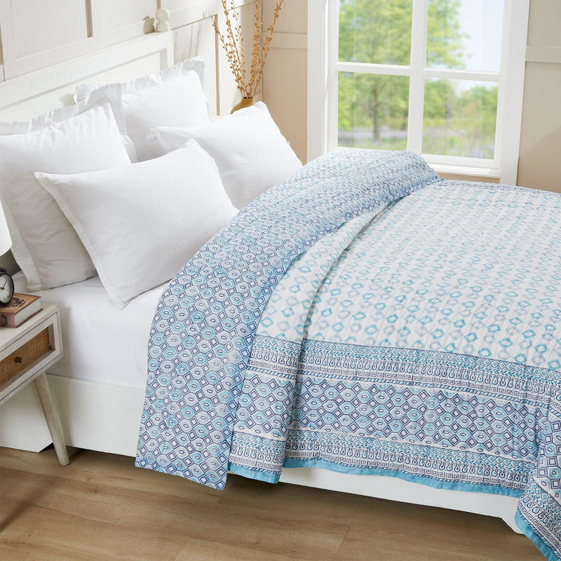 Geometric Aqua Blue Hand Block Print Lightweight Cotton Quilt