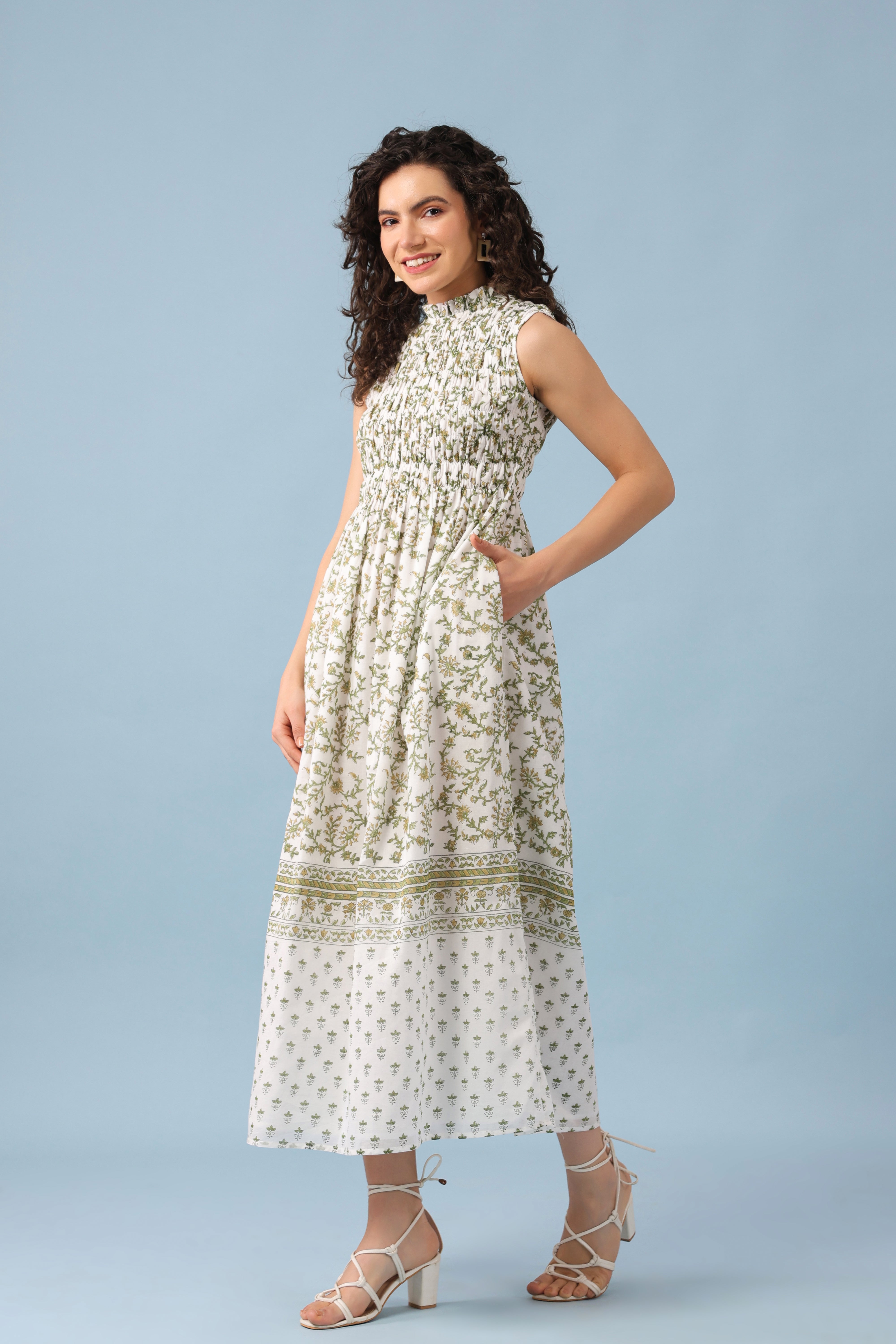 Sleeveless Smocked Maxi Dress – Green/White