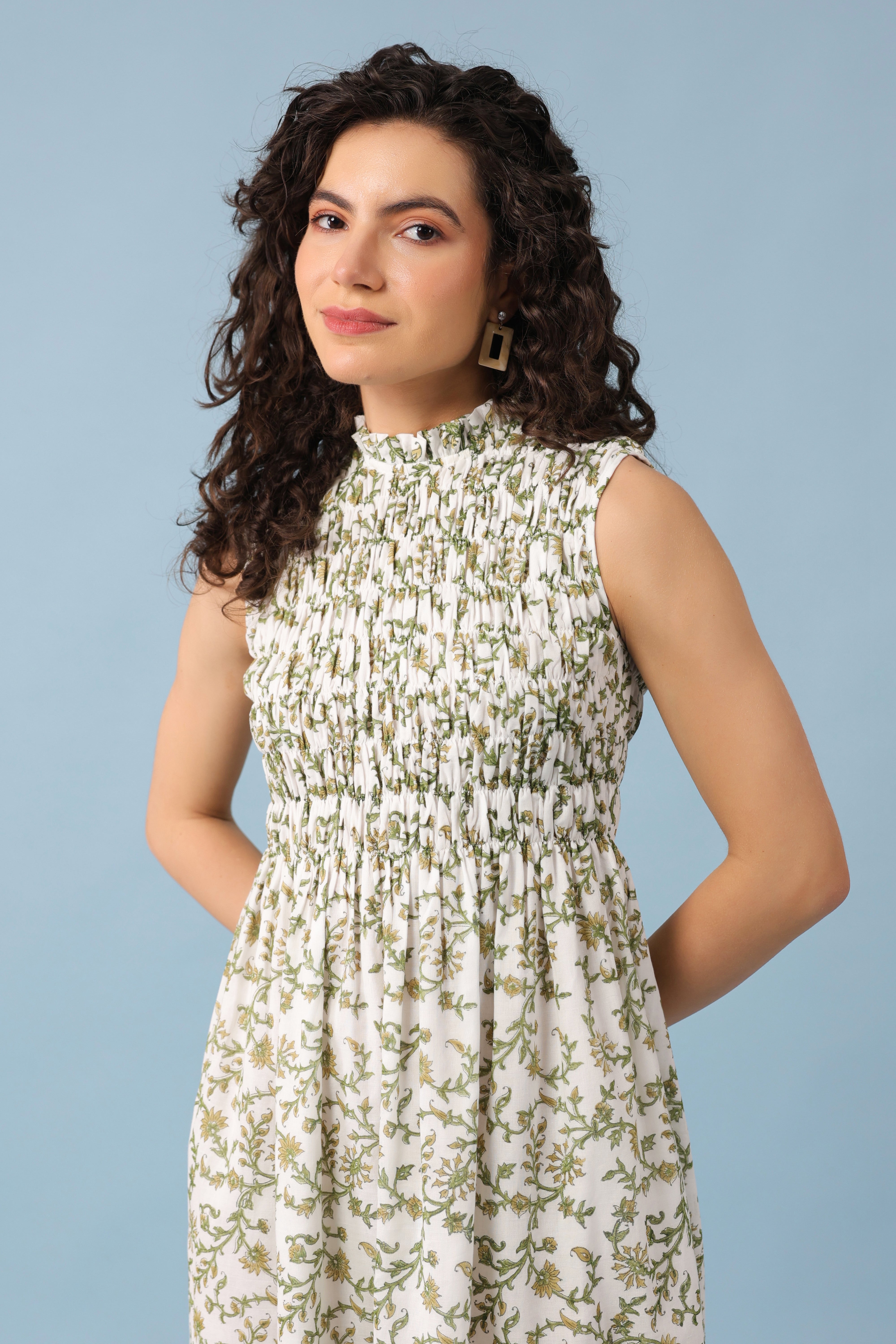 Sleeveless Smocked Maxi Dress – Green/White