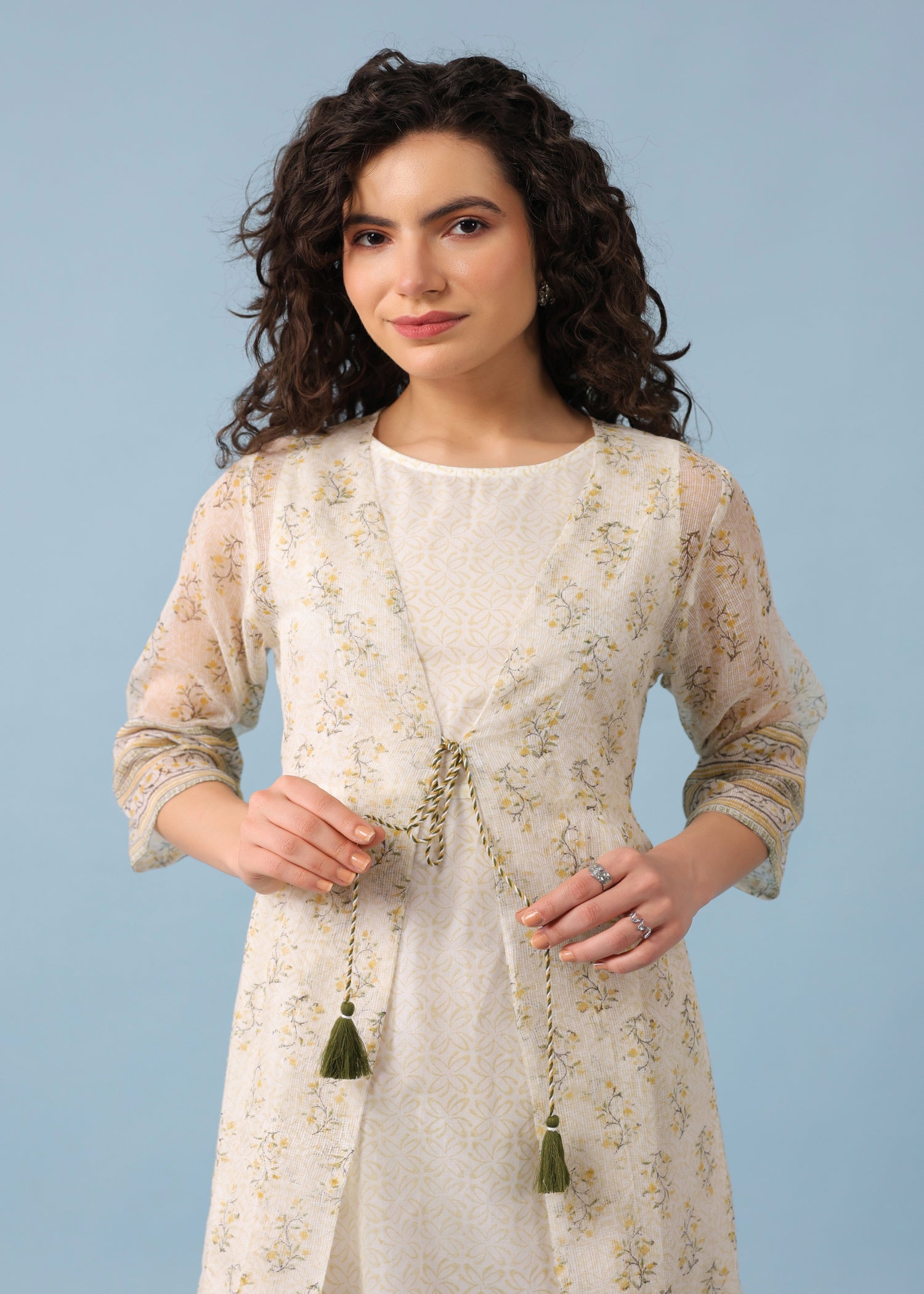 Kota Doria Shrug Dress – Green/White