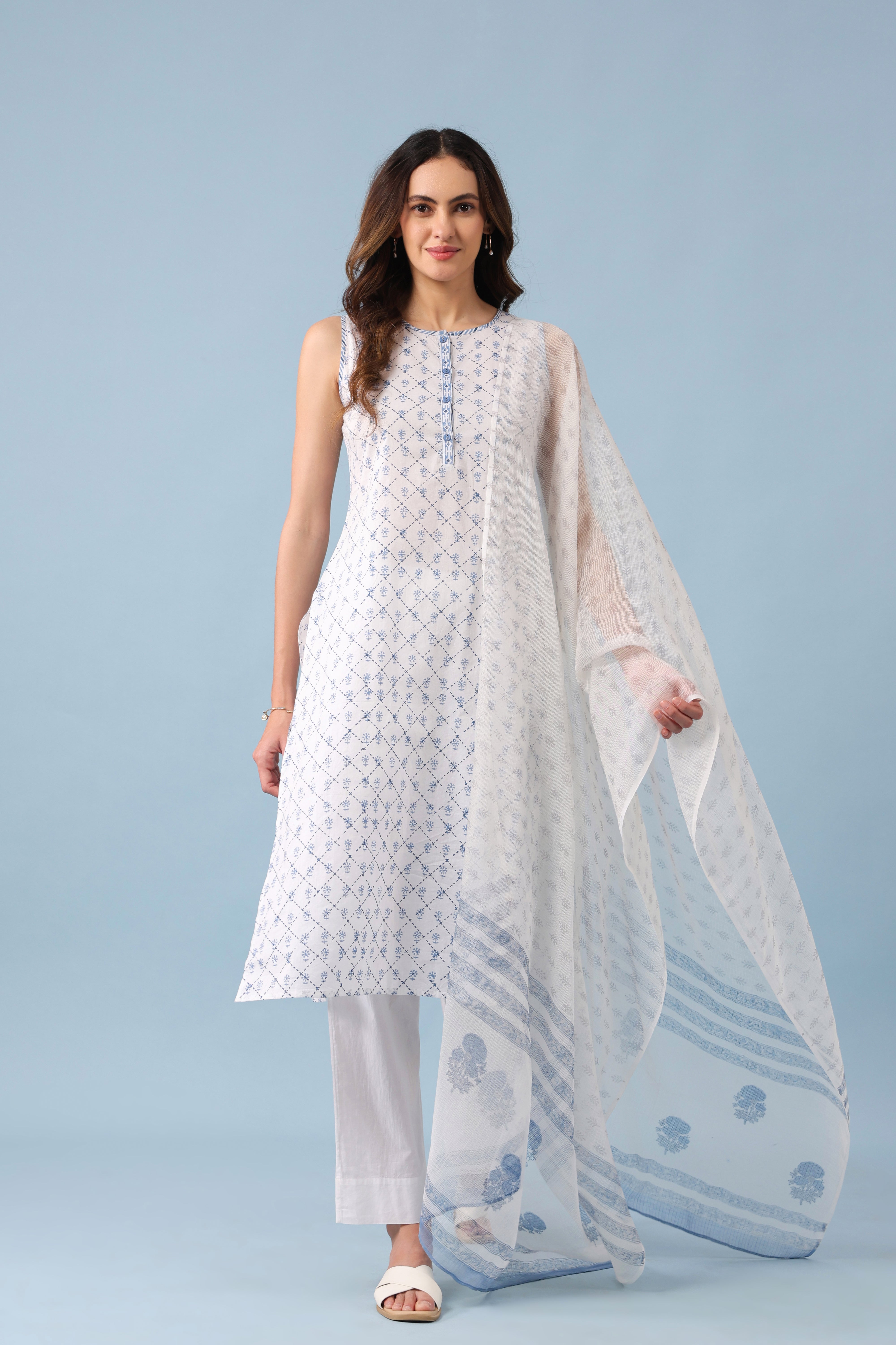 Kota Doria Printed Dupatta - Blue