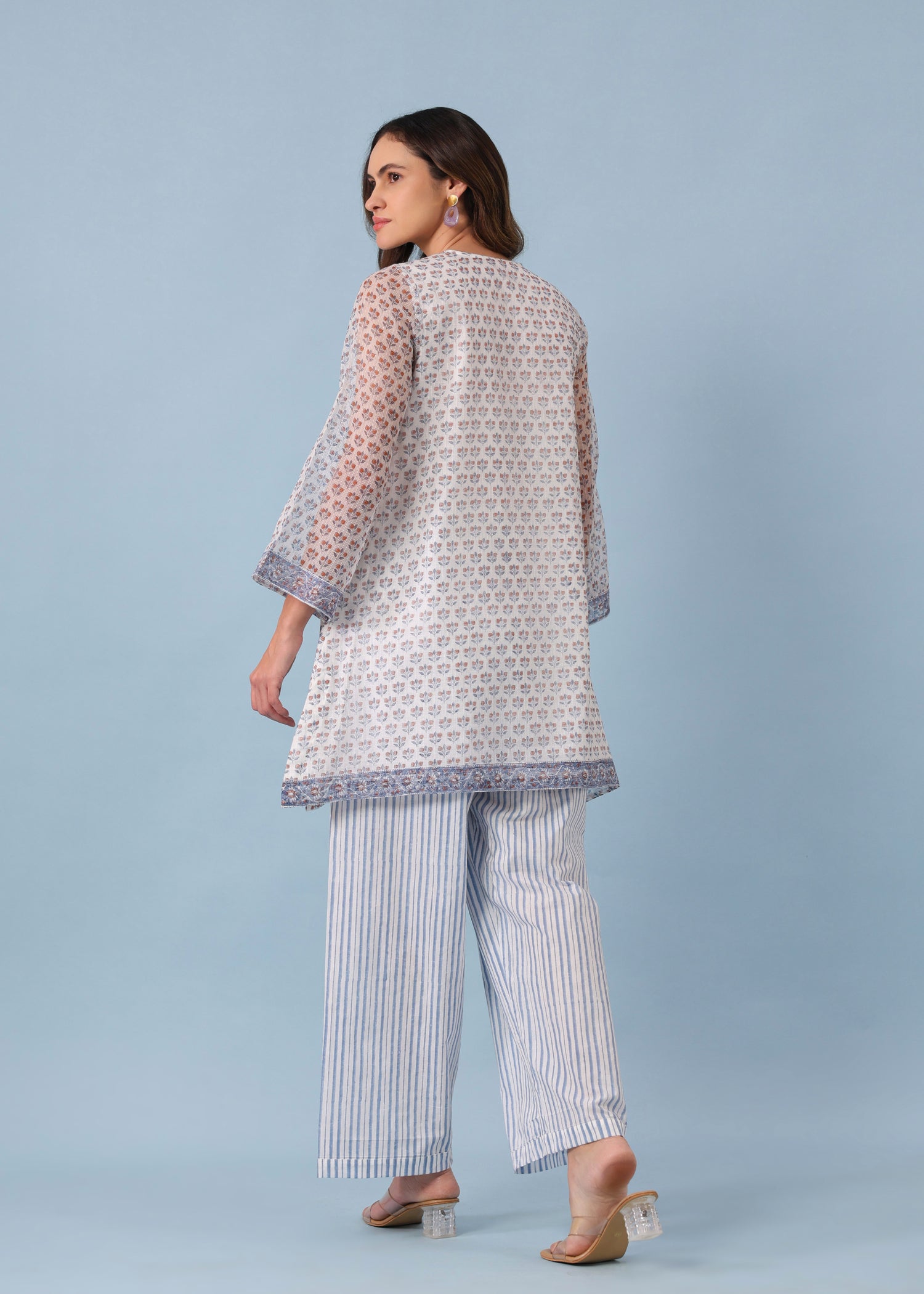 Bell Sleeve Short Kurta Set – Blue /White